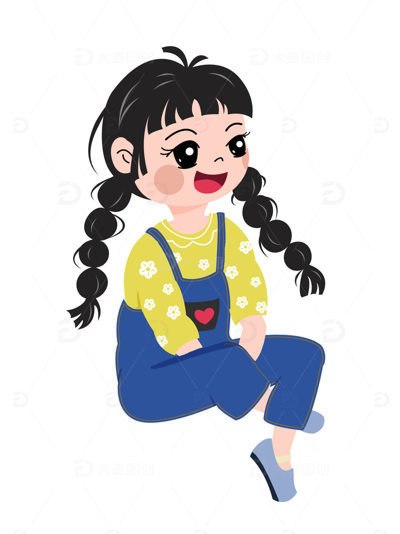 蓝色裤子黄色上衣扁平风小女孩手绘图