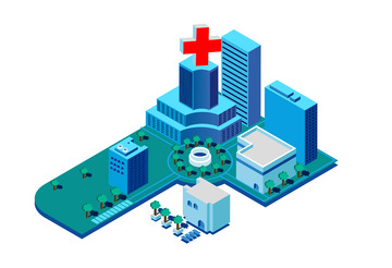 蓝色2.5D科技建筑城市医院装饰元素