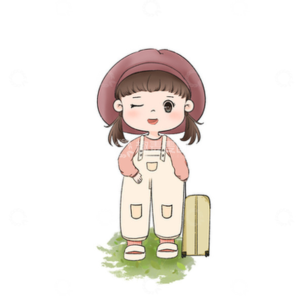 源文件下载【趣麦麦图】Q版小女孩带着行李箱去旅游手绘插画元素
