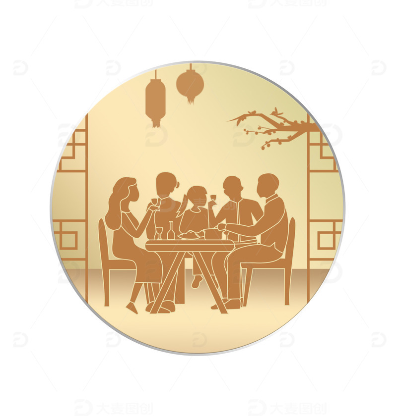 中秋节家庭团圆吃饭月亮剪影