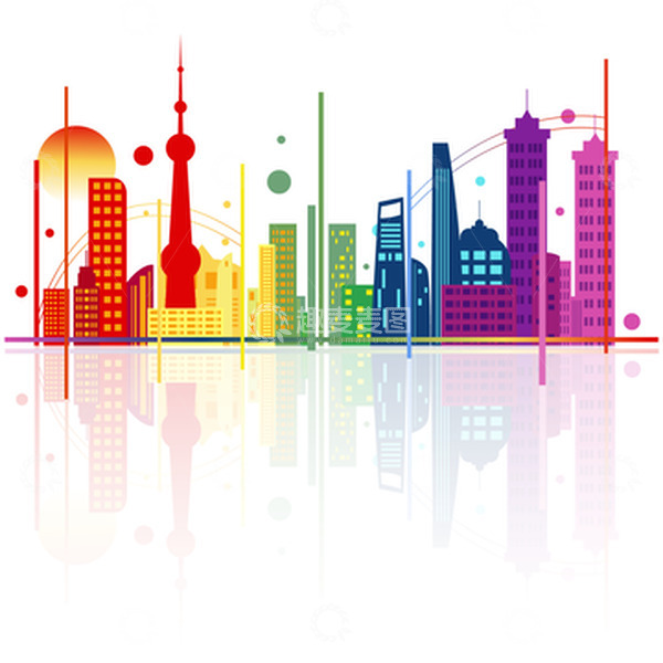 源文件下载【趣麦麦图】彩色渐变扁平城市剪影建筑高楼大厦风景插画