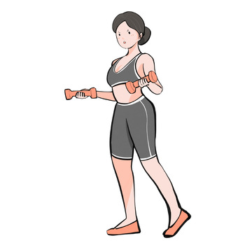 灰色健身哑铃努力女性人物手绘图