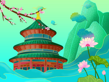 青色国潮云中楼台手绘图