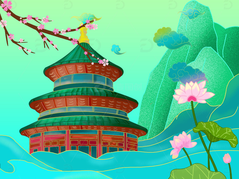 源文件下载【趣麦麦图】青色国潮云中楼台手绘图