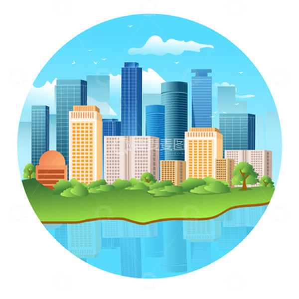 源文件下载【趣麦麦图】-蓝色背景创意扁平化风格城市建筑矢量素材