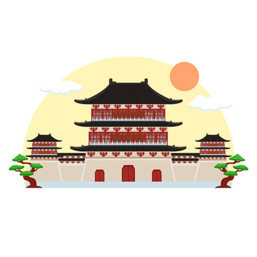 古建筑洛阳应天门旅游建筑 扁平风元素