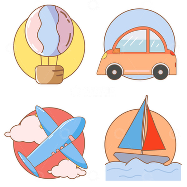 源文件下载【趣麦麦图】卡通交通车辆飞机热气球帆船设计矢量素材