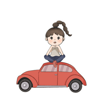 Q版小女孩开车旅游场景小元素