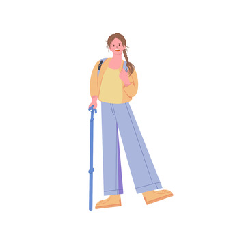 黄色清新旅游登山女孩手绘