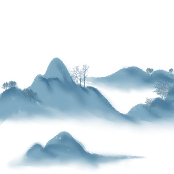 淡青色水墨山水手绘图