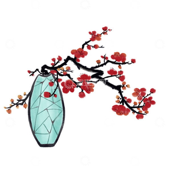 源文件下载【趣麦麦图】红色古风水墨梅花插花