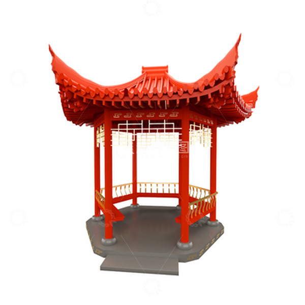 源文件下载【趣麦麦图】金色红色3d立体中国风中式建筑亭子元素图