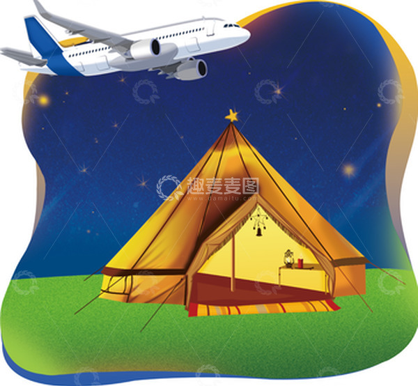 源文件下载【趣麦麦图】深蓝夜晚星空梦幻旅游露营飞机手绘图