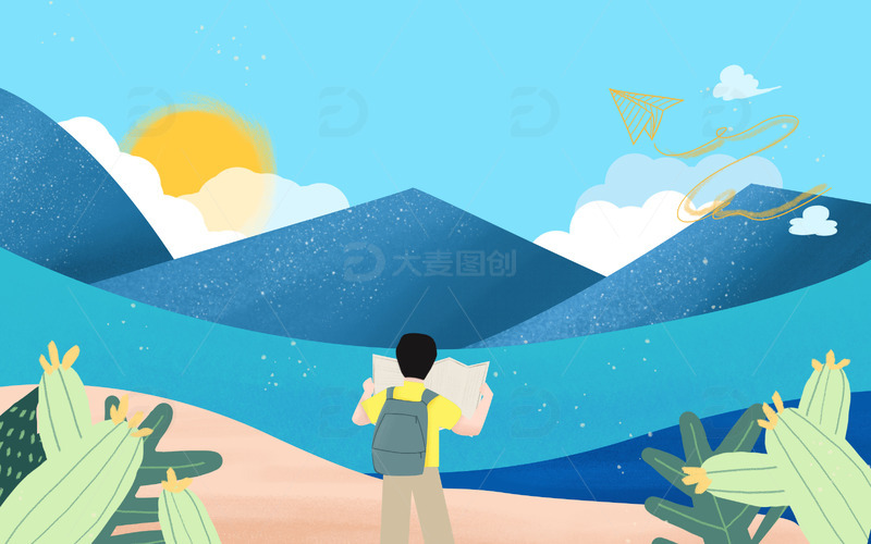 出游爬山手绘蓝色背景