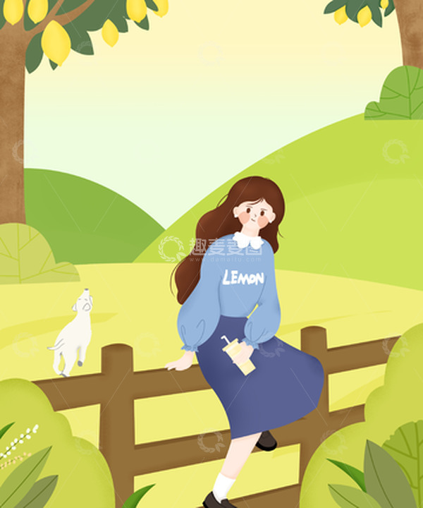 源文件下载【趣麦麦图】绿色旅游小清醒柠檬奶茶女孩小狗手绘图