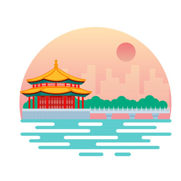 青岛栈桥扁平旅游地标建筑元素