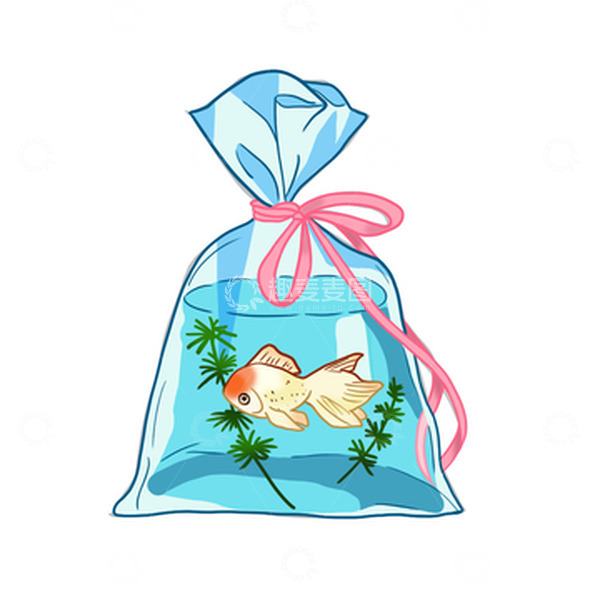 源文件下载【趣麦麦图】蓝色卡通扎蝴蝶结的一袋子小金鱼和水草