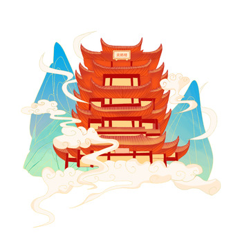 国潮风手绘古建筑黄鹤楼插画