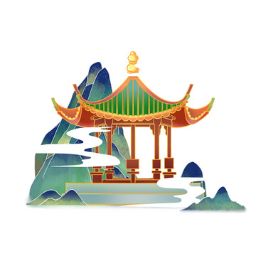 新国风亭子插画元素