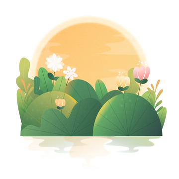 绿色小清新文艺草丛草堆鲜花插画