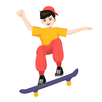 红色偏平风儿童滑板运动健身手绘图