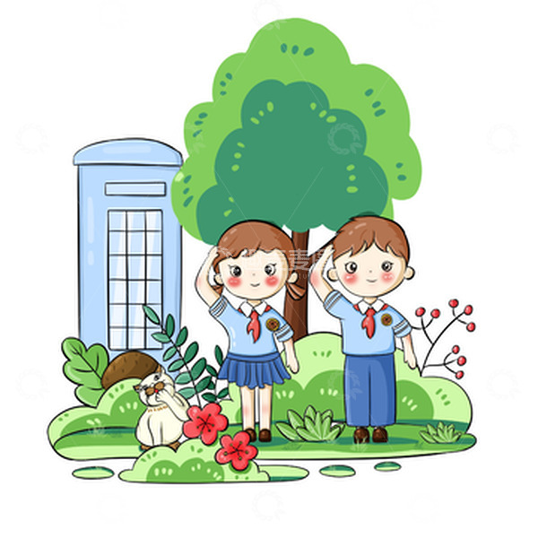 源文件下载【趣麦麦图】绿色小清新卡通少先队员国庆元素手绘图