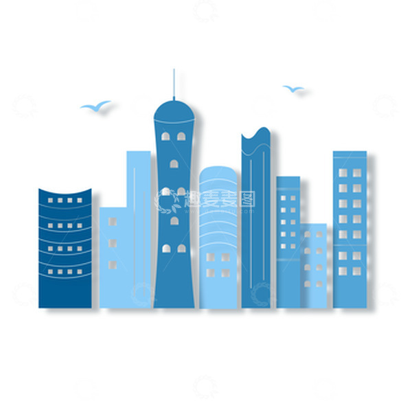 源文件下载【趣麦麦图】蓝色剪纸风城市建筑矢量元素