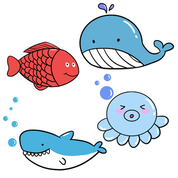 卡通海洋生物小丑鱼鲨鱼鲸鱼章鱼手绘图