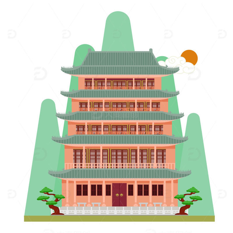 源文件下载【趣麦麦图】广州镇海楼地标建筑扁平元素