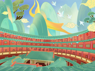 国潮细腻风建筑客家土楼插画