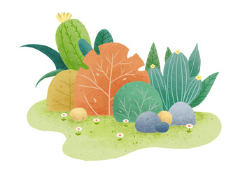 绿色仙人掌石头草丛手绘图