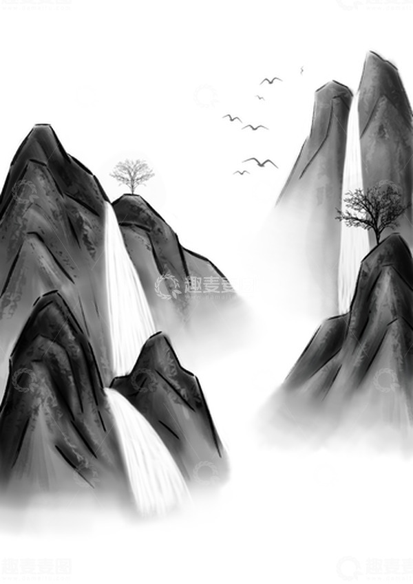 源文件下载【趣麦麦图】黑白灰水墨山水手绘