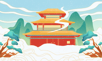 国庆中国风国潮风楼阁古建筑插画