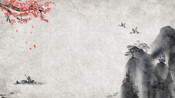 水墨山水中式国风山水梅花渔人船旅游背景