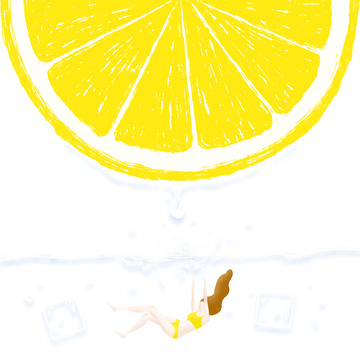 柠檬汽水小清新冰块夏天小人跳水手绘