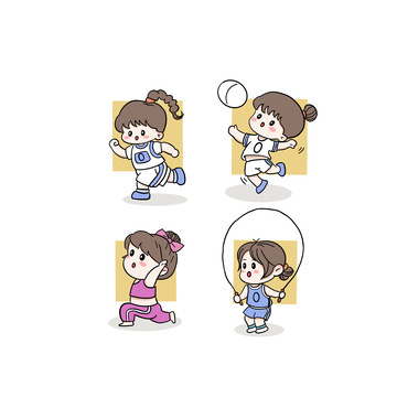 黄色卡通女孩跳绳排球运动健身手绘元素