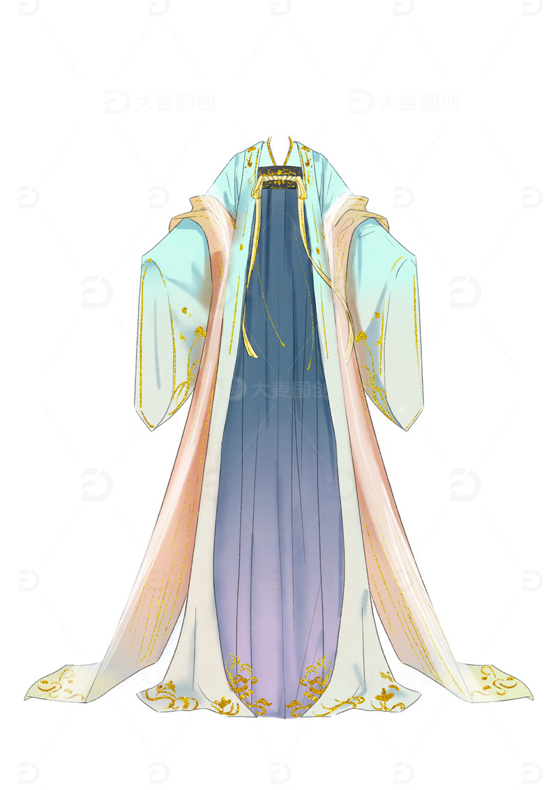 水蓝色鎏金清新唯美国风古装汉服设计手绘图