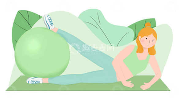 源文件下载【趣麦麦图】绿色扁平风侧躺瑜伽球健身运动手绘插画元素