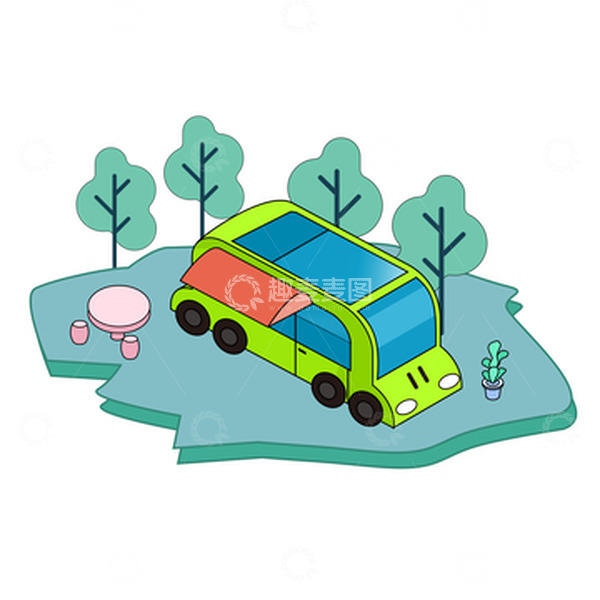 源文件下载【趣麦麦图】绿色清新扁平风房车旅游手绘图