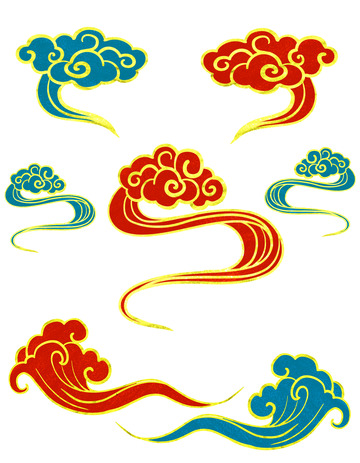 红色蓝色祥云手绘元素