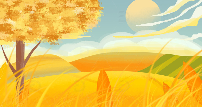 秋分秋天田野树木手绘小清新背景