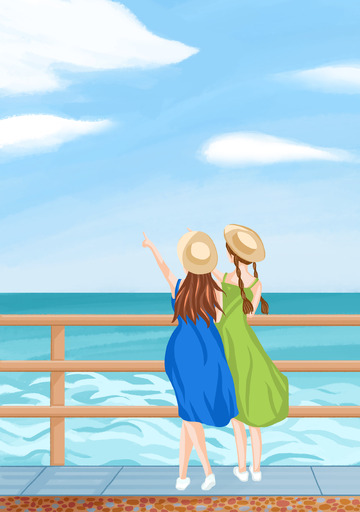 蓝色青色清新简约看海旅游手绘图