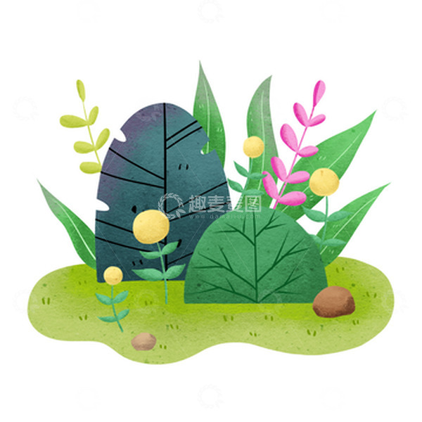 源文件下载【趣麦麦图】绿色小清新乒乓菊草丛手绘插画
