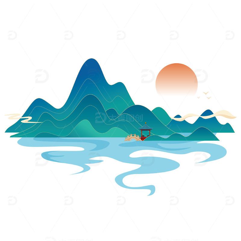 源文件下载【趣麦麦图】青绿国潮山水重阳登高手绘图