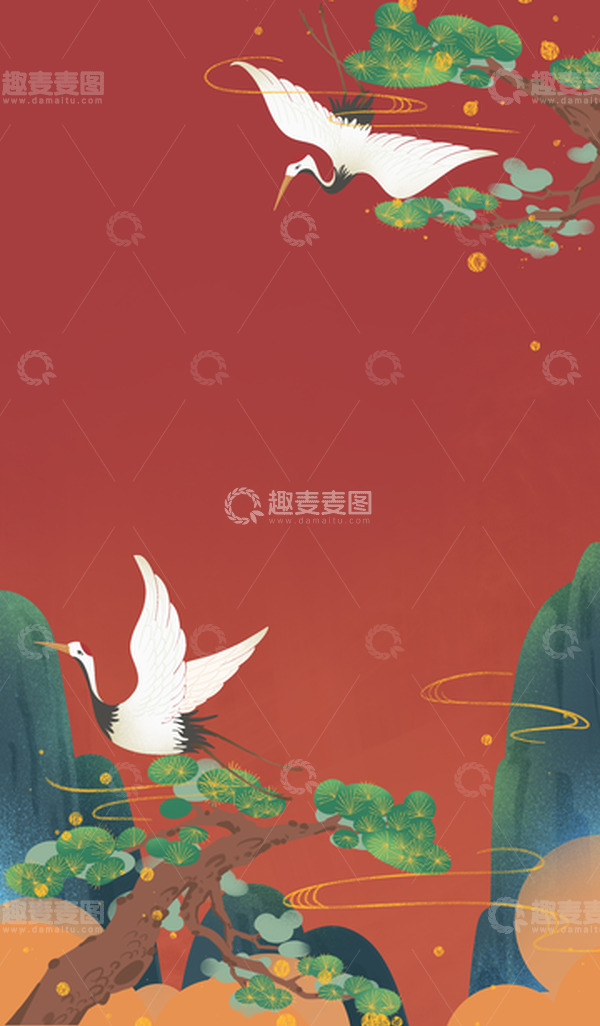 源文件下载【趣麦麦图】国风仙鹤喜庆节日背景图