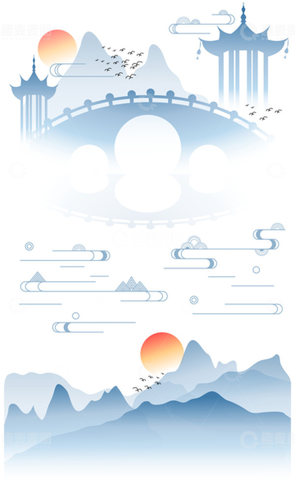 源文件下载【趣麦麦图】重阳节山水国潮山脉祥云寺庙登高楼日落元素