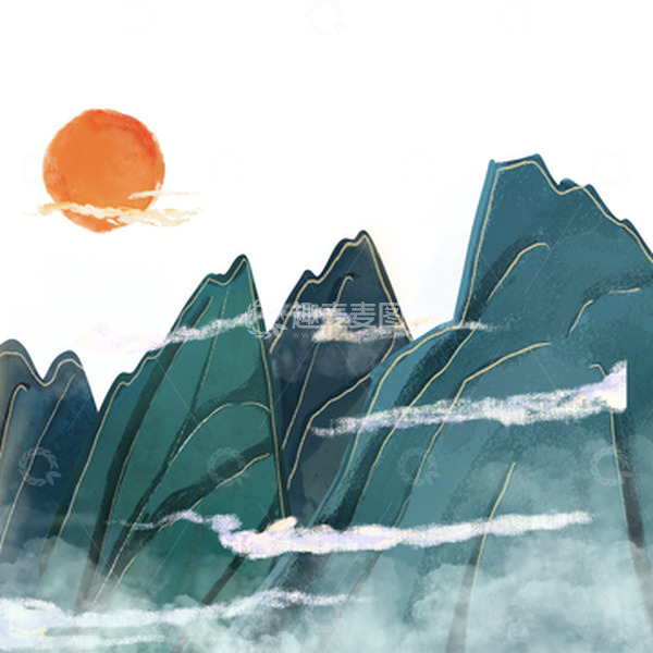 源文件下载【趣麦麦图】国潮云雾山峰环绕太阳日落