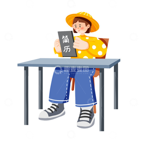 源文件下载【趣麦麦图】-穿黄色衣服蓝色裤子看简历的招聘者手绘图