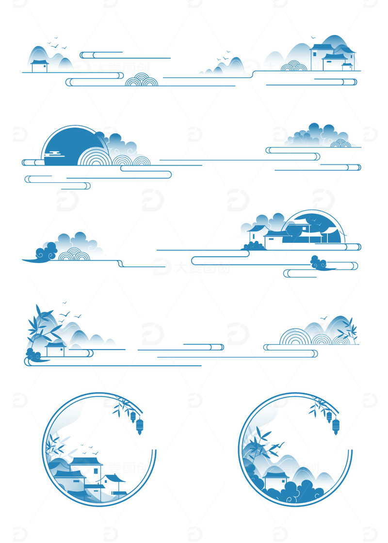 源文件下载【趣麦麦图】中国风水墨传统复古风徽派剪影花纹分割线