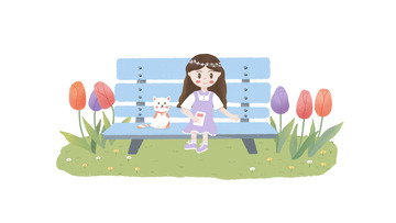 女孩公园长椅游玩插画郁金香可爱猫咪草地